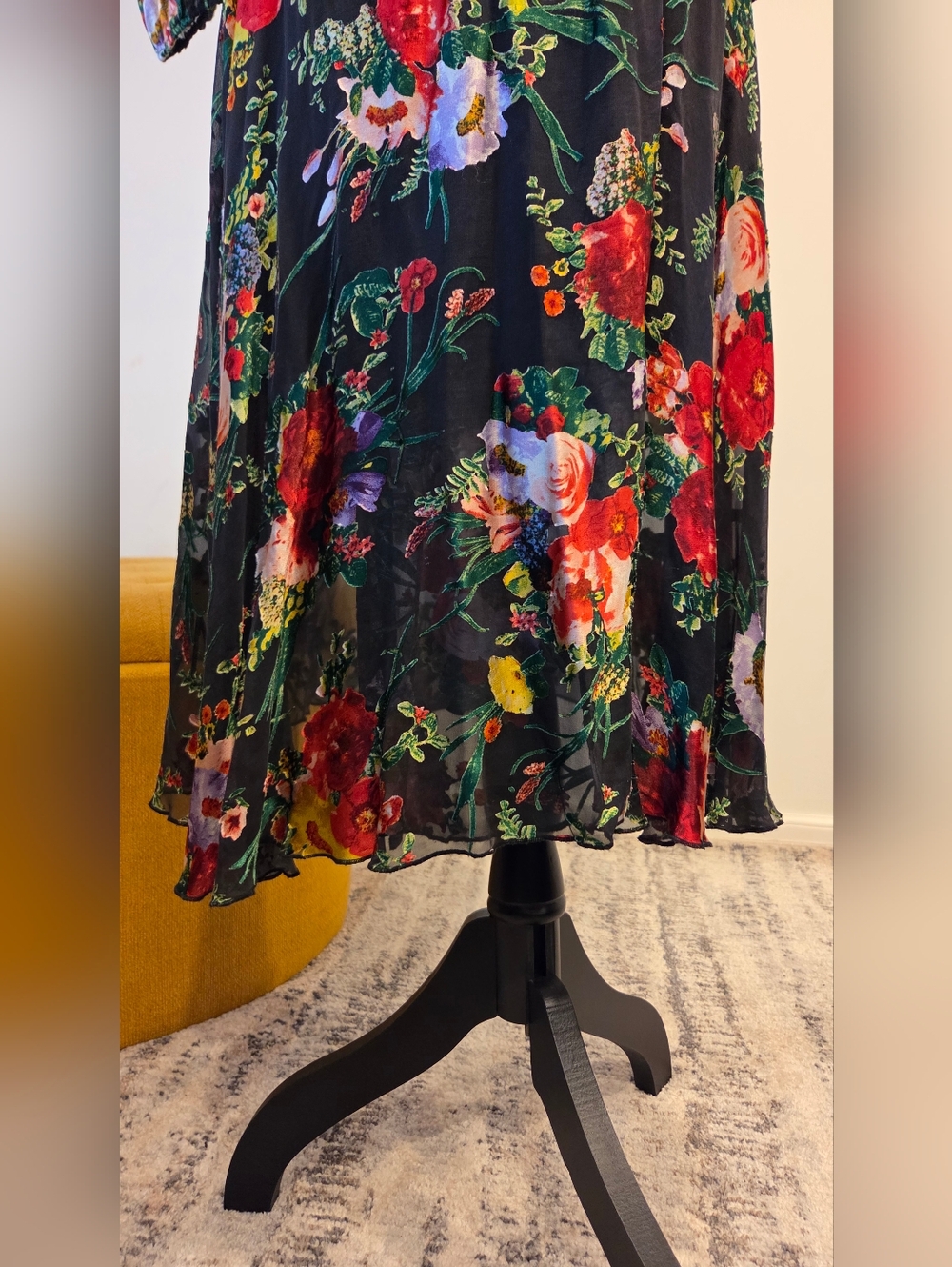 Alice + Olivia Black Floral Wrap Midi Dress with Red & Green Accents, Size 4. - Picture 9 of 16